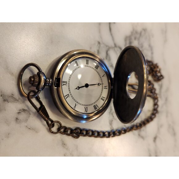 Vintage Bronze Pocket Watch With Chain & Roman Numerals - Picture 3 of 3